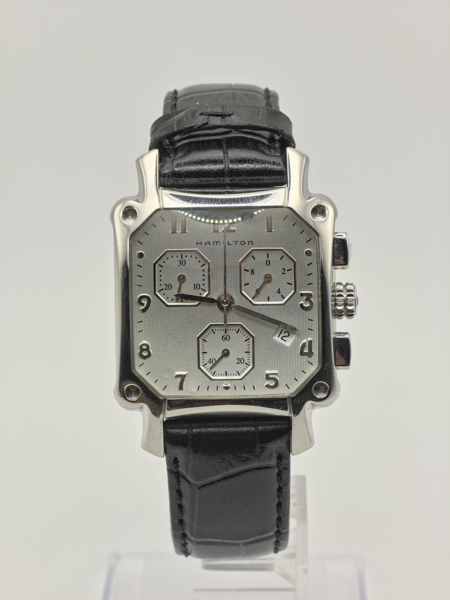 Vintage Hamilton Men's Chronograph Quartz Silver Dial Rectangular Swiss - 386
