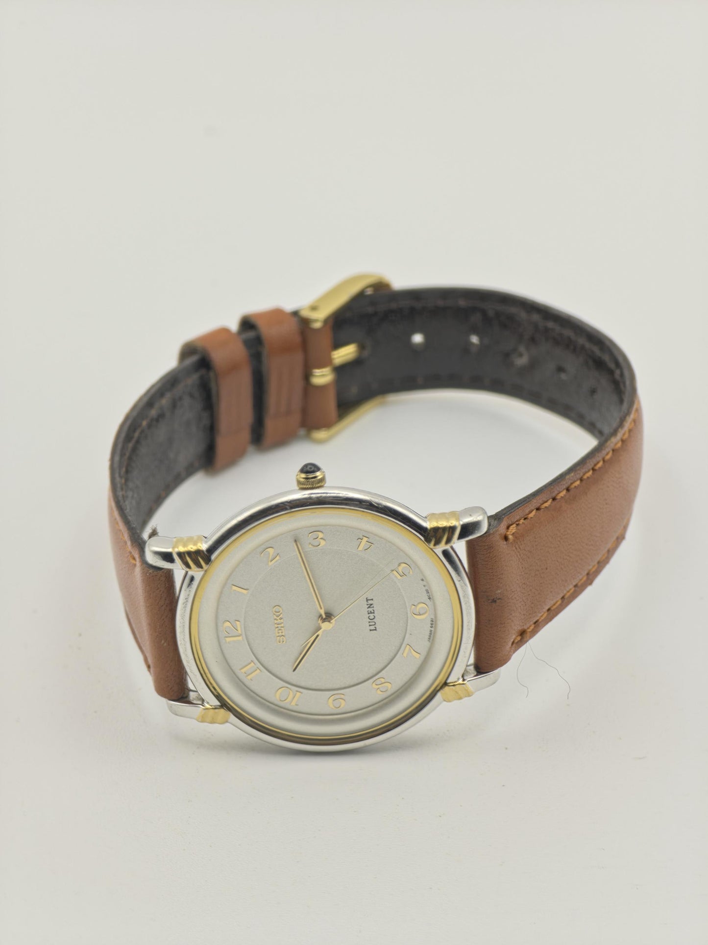 Vintage Seiko Lucent Quartz Two-Tone Brown Leather Men's Watch 1995 Award - 396