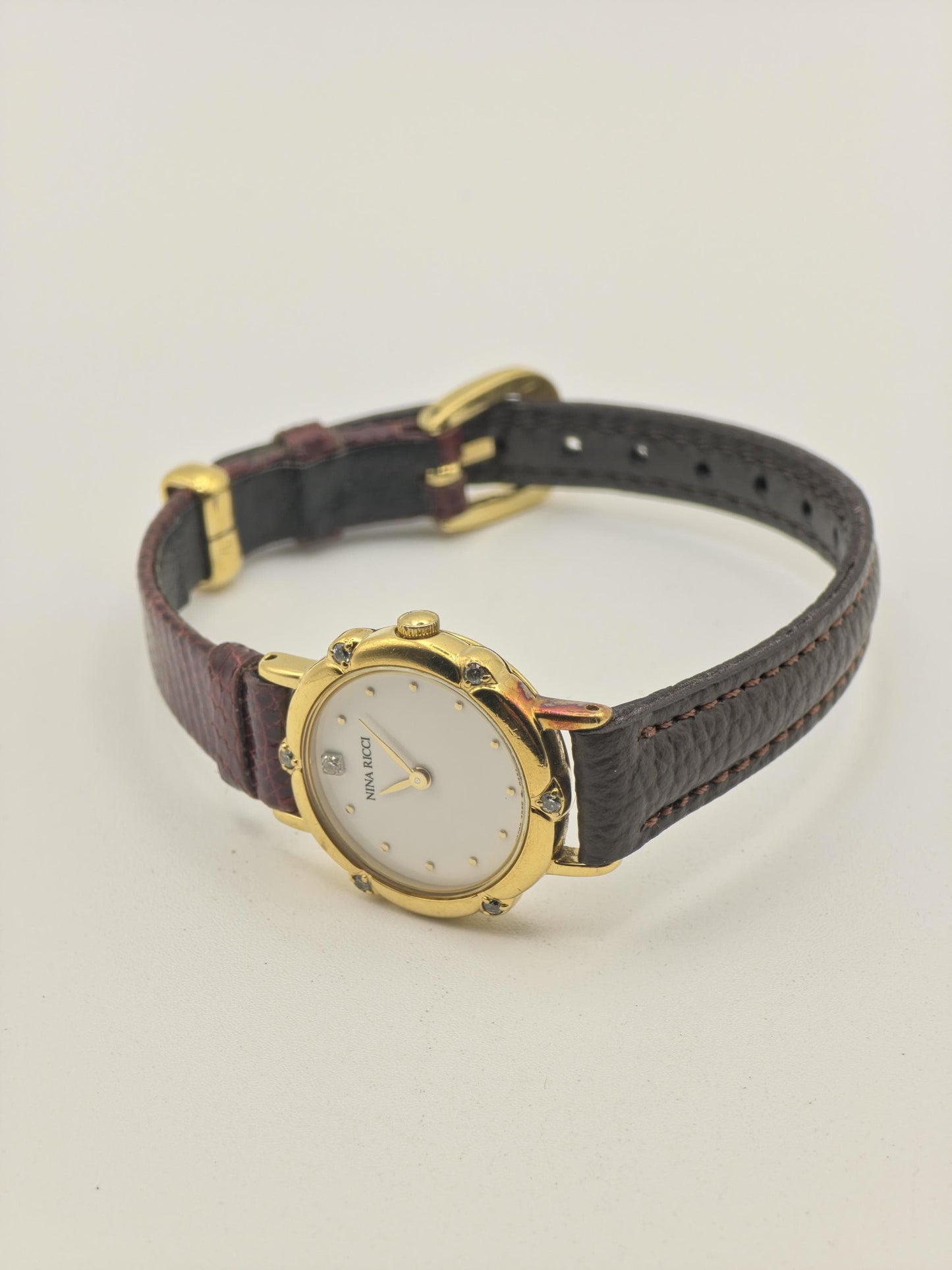 Vintage Nina Ricci Women's Quartz Gold Tone White Dial Crystal Dress Watch - 401