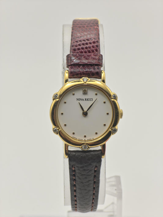 Vintage Nina Ricci Women's Quartz Gold Tone White Dial Crystal Dress Watch - 401