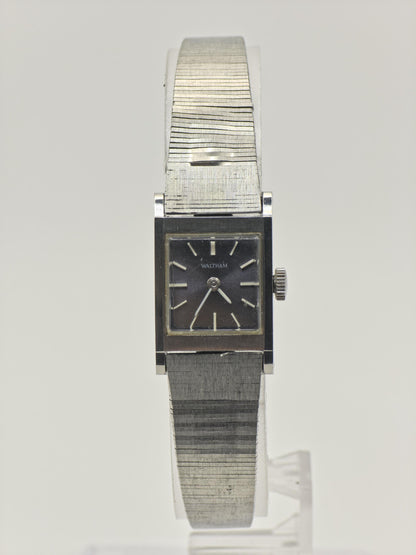 Vintage Waltham Women's Manual Wind Silver Tone Black Dial Rectangular Dress Watch - 404