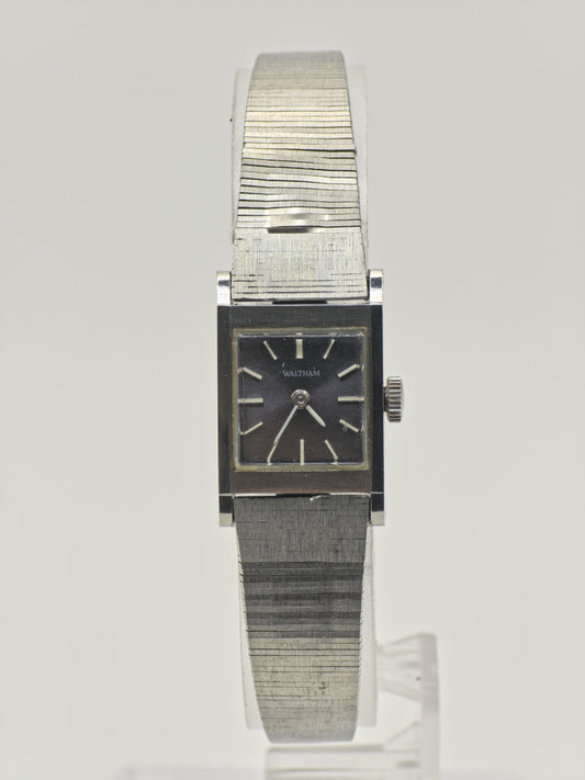 Vintage Waltham Women's Manual Wind Silver Tone Black Dial Rectangular Dress Watch - 404