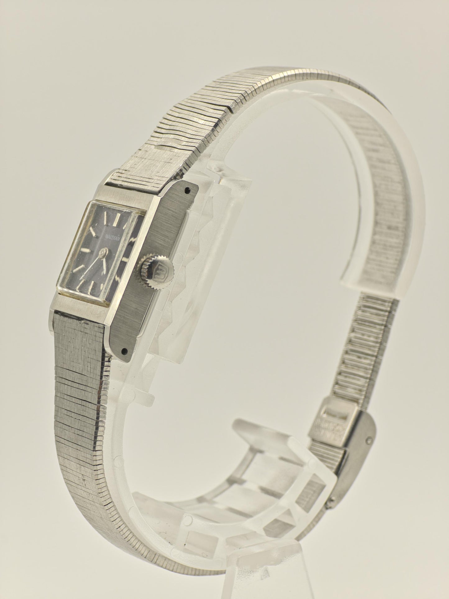 Vintage Waltham Women's Manual Wind Silver Tone Black Dial Rectangular Dress Watch - 404