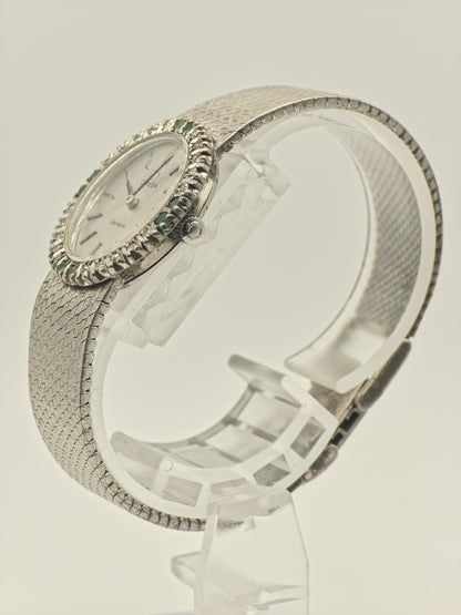 Vintage Omega Genève Women's Silver Dial Emerald Accent Dress Watch Bracelet - 421