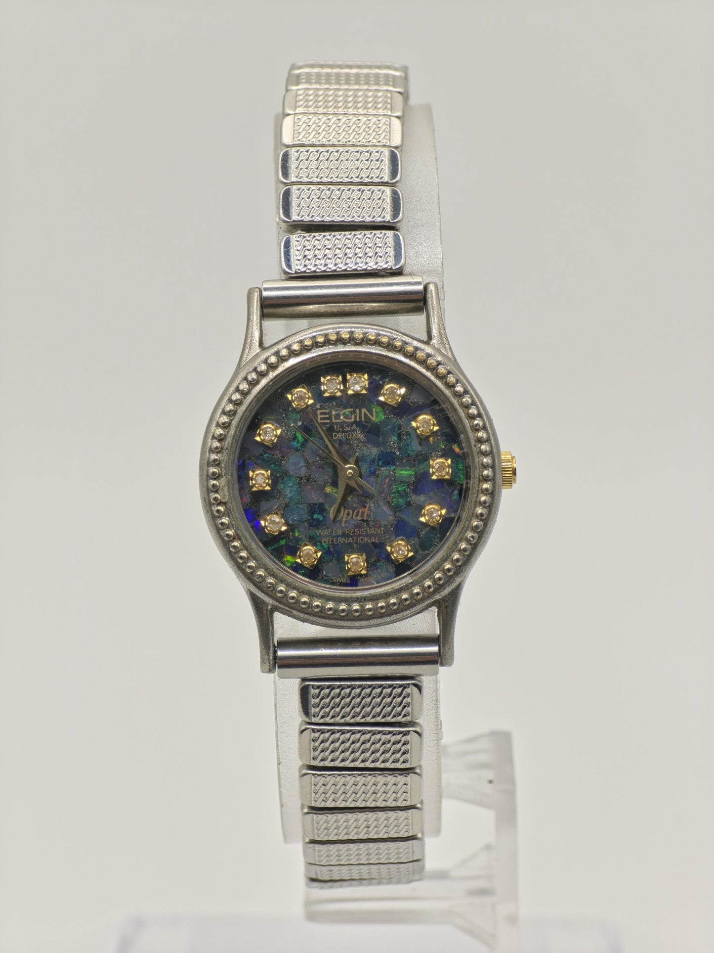 Vintage Elgin Deluxe Opal Women's Quartz 30M Dress Watch Blue Mosaic Dial - 432