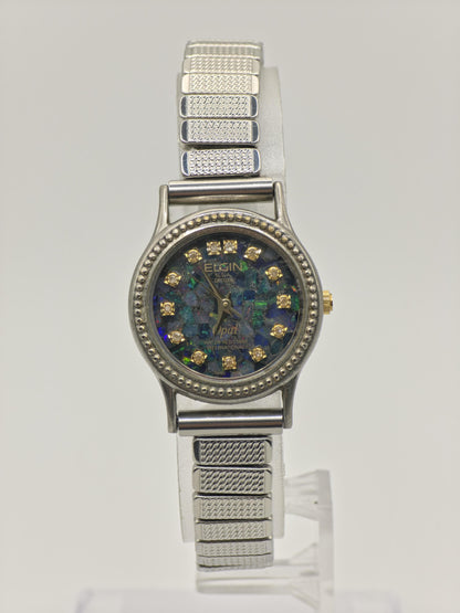 Vintage Elgin Deluxe Opal Women's Quartz 30M Dress Watch Blue Mosaic Dial - 432