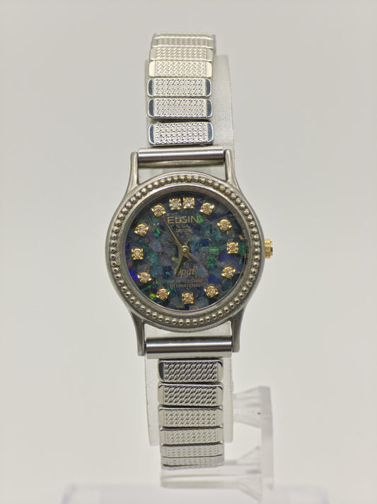Vintage Elgin Deluxe Opal Women's Quartz 30M Dress Watch Blue Mosaic Dial - 432