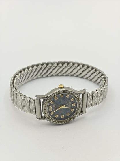 Vintage Elgin Deluxe Opal Women's Quartz 30M Dress Watch Blue Mosaic Dial - 432