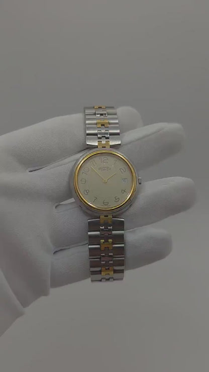 Vintage Hermès Paris Two-Tone Watch | Swiss Made Clipper Style | Cream Dial & Date | Stainless Steel/Gold Dress Timepiece
