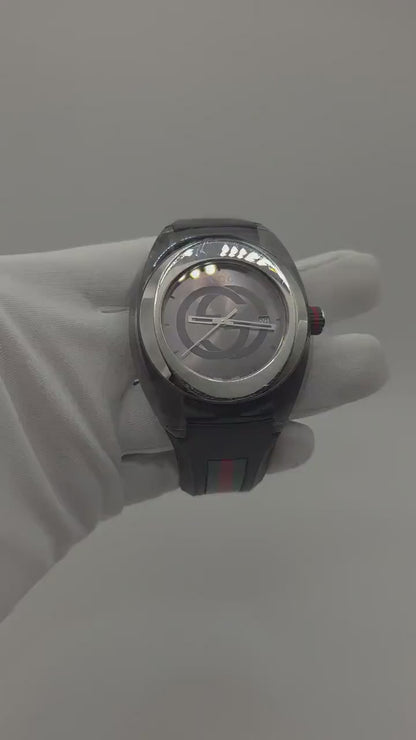 Gucci Sync Black Mens Watch Swiss Quartz Black Dial Rubber Strap Box Papers Modern Sports Style