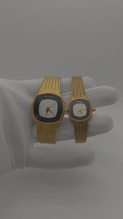 Vintage Bulova Couple Watch Set | Gold-Tone Diamond-Style Dial, Swiss Quartz
