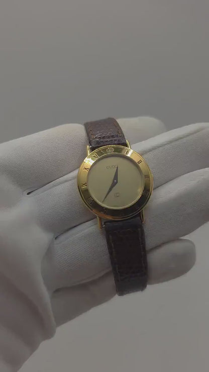 Gucci 3000L Quartz Watch Gold Plated Swiss Made Brown Leather Strap Women Vintage | - 44