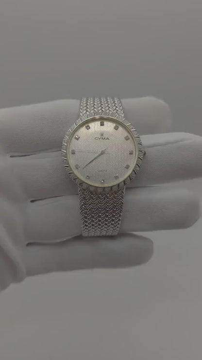 Vintage CYMA Quartz Watch Ladies Diamond Accent Mesh Bracelet Slim Swiss Made Gold Plated Dress Watch Gift