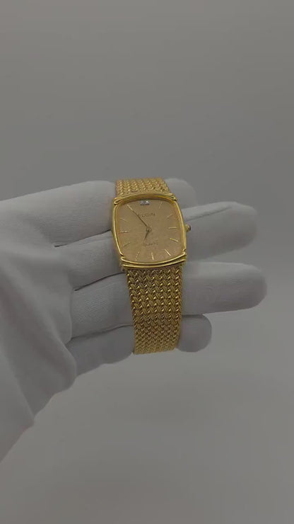 Vintage Elgin Gold-Tone Watch | Swiss Quartz | Textured Gold Dial & Diamond-Style Markers | Elegant Dress Timepiece