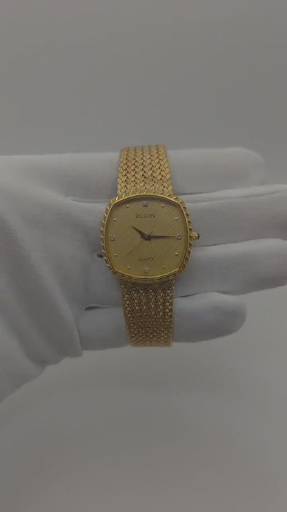 Vintage Elgin Swiss Quartz Gold-Tone Dress Watch – Diamond Index Dial & Textured Mesh Bracelet – 1980s Swiss Made
