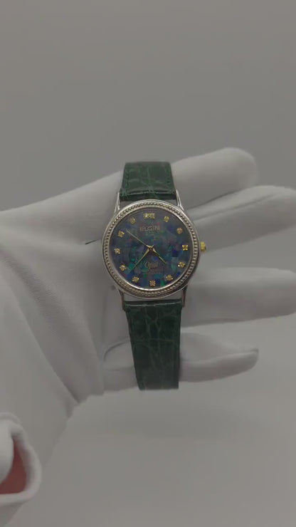 Vintage Elgin Opal Dial Watch – USA Made, Green Leather