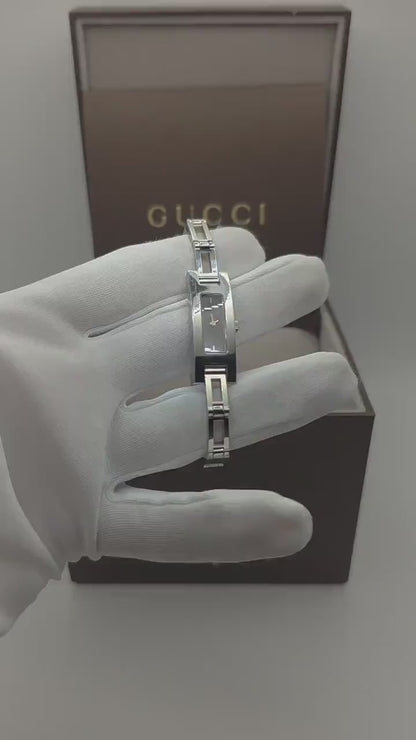 Gucci 3900L Womens Stainless Steel Bangle Watch Black GG Dial Swiss Made Full Set With Box Warranty And Receipt