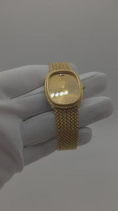 Vintage Elgin Gold-Tone Watch | Swiss Quartz, Engraved Bezel