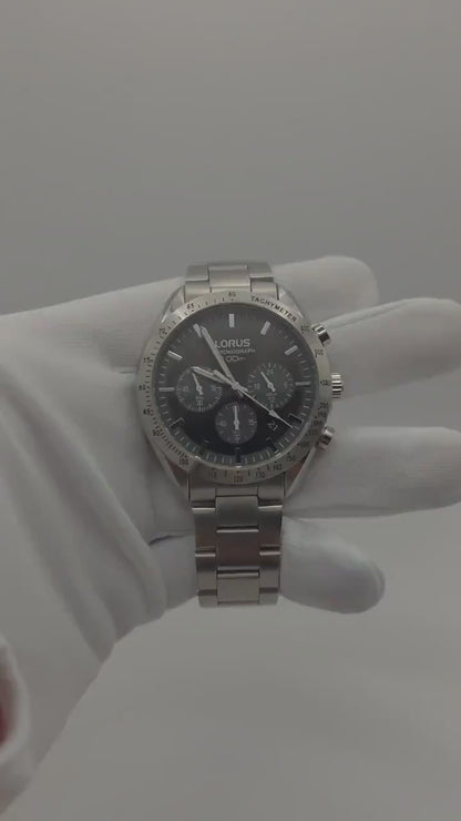 LORUS Chronograph Watch: Black Dial, Stainless Steel Tachymeter, 100M
