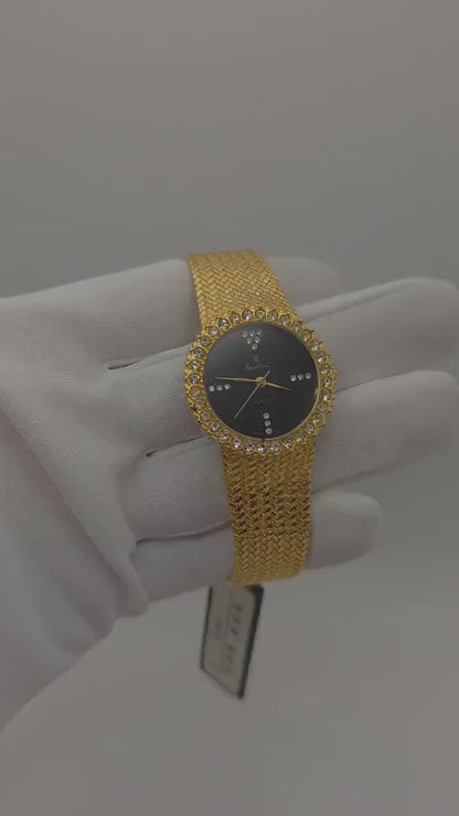 Vintage JE Excellent Quartz Gold Tone Watch Black Dial Crystal Bezel Japan Movt Unisex - 4