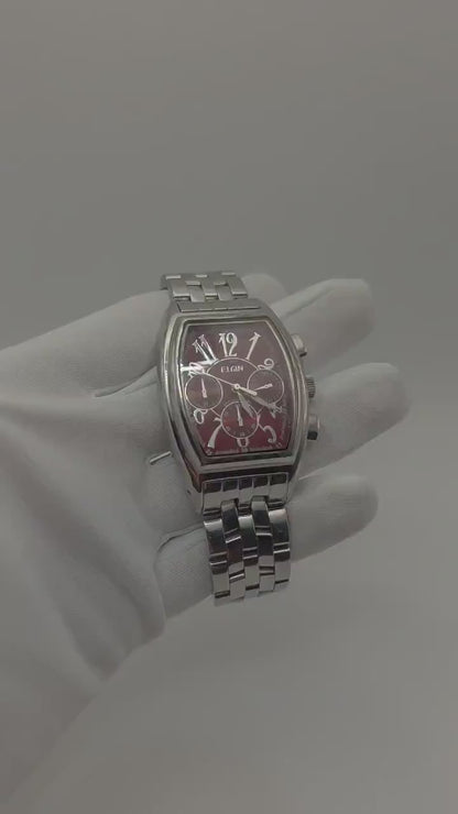 Elgin FK1215SL Chronograph Watch: Stainless Steel, Red Dial, Vintage Style