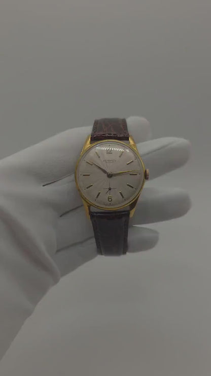 Vintage HERMES PARIS Manual Wind Watch Men's Gold Plated Brown Strap Sunburst Dial Swiss Made Dress Watch Gift