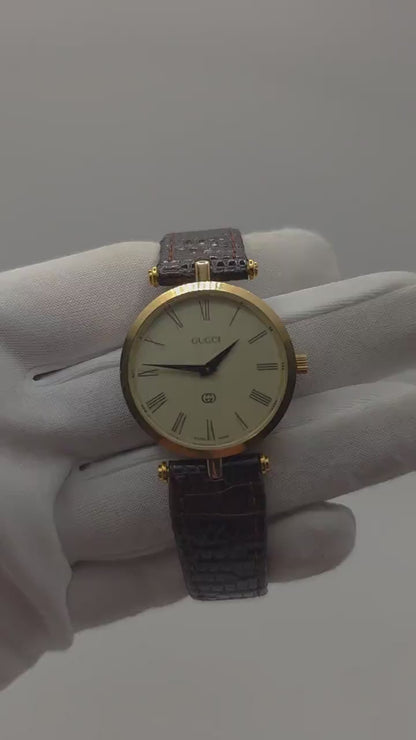 Gucci Swiss Made Quartz Watch Gold Tone Case Leather Strap Women Vintage | - 50
