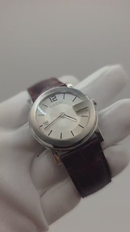 Gucci Unisex Swiss Quartz Watch Silver Dial Brown Leather Strap Ref. 101J 10021444 | - 96