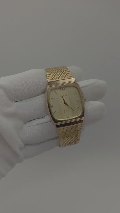 Vintage Elgin Unisex Quartz Watch Gold Tone Square Case Mesh Bracelet Swiss Movement - 12