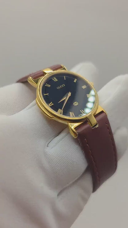 Gucci 3400M Gold-Plated Black Dial Leather Strap Unisex Watch | - 192