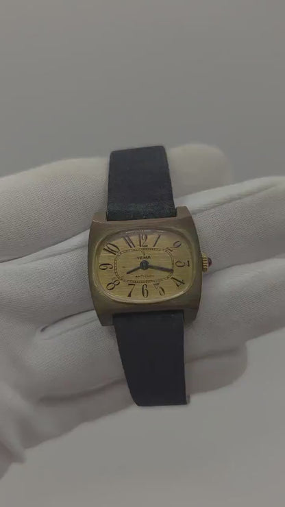 Vintage Yema Antichoc Women’s Watch Gold Tone Case Manual Wind Leather Strap | - 37