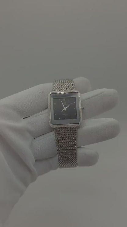 Vintage CYMA Navystar Quartz | Swiss Made Black Dial Rectangular Watch | Stainless Steel Mesh Bracelet | Elegant Unisex Dress Timepiece