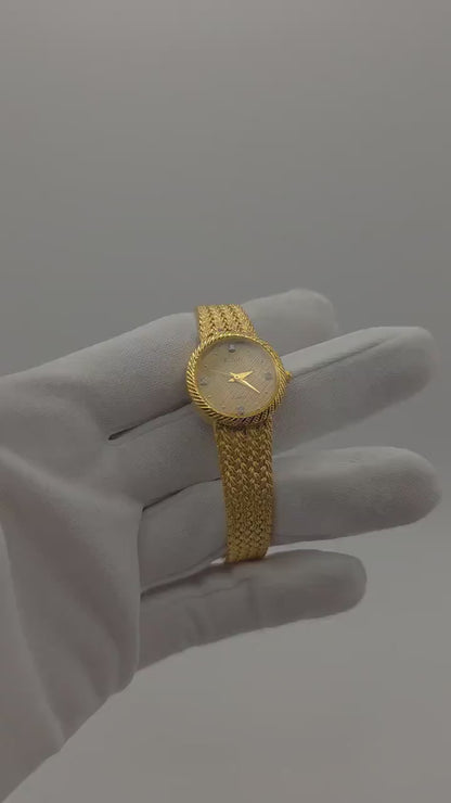 Elgin FK279 Gold Tone Ladies Quartz Watch – Textured Bracelet, Diamond-Style Markers, Swiss Made