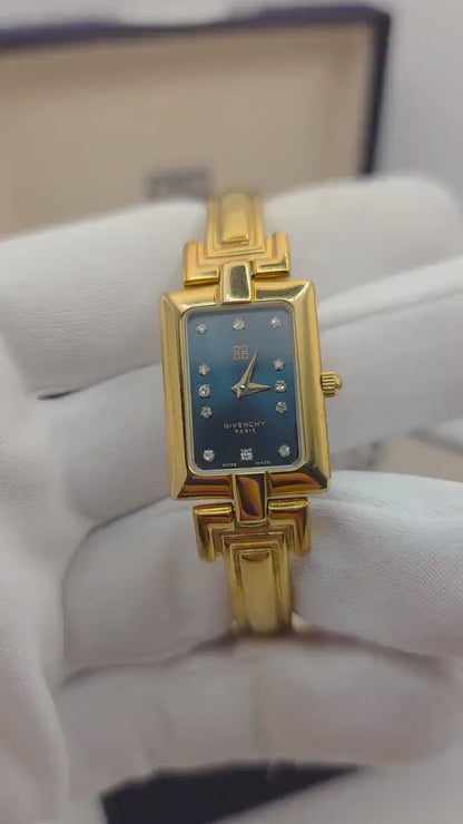 Givenchy Women Quartz Watch Gold Tone Bracelet Black Dial Diamonds | - 104