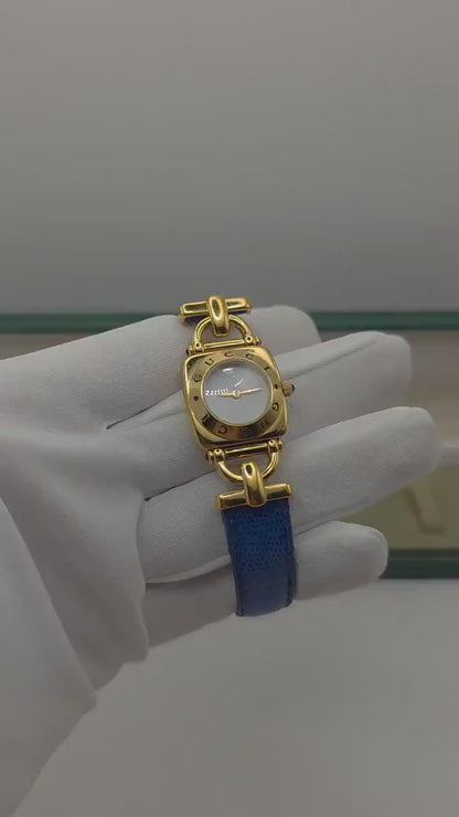 Vintage Gucci 6300L Gold-Tone Ladies Watch | Swiss Made Quartz | Blue Leather Strap | With Original Box | Elegant Designer Dress Timepiece